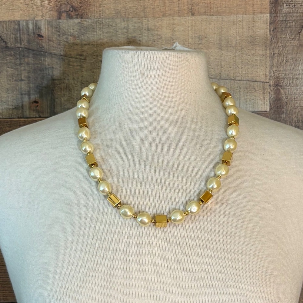 Napier Vintage Faux Pearl and Gold Tone Cube Bead Necklace 17 Inch
